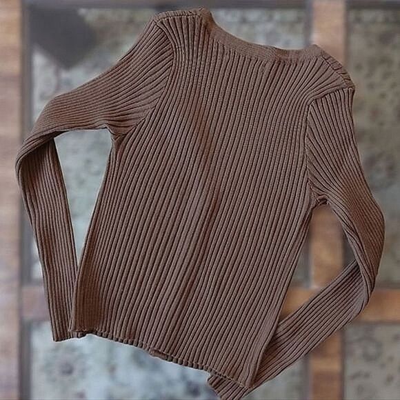 Pecan brown fitted rib knit v-neck long sleeve cardigan XXS - Picture 4 of 14